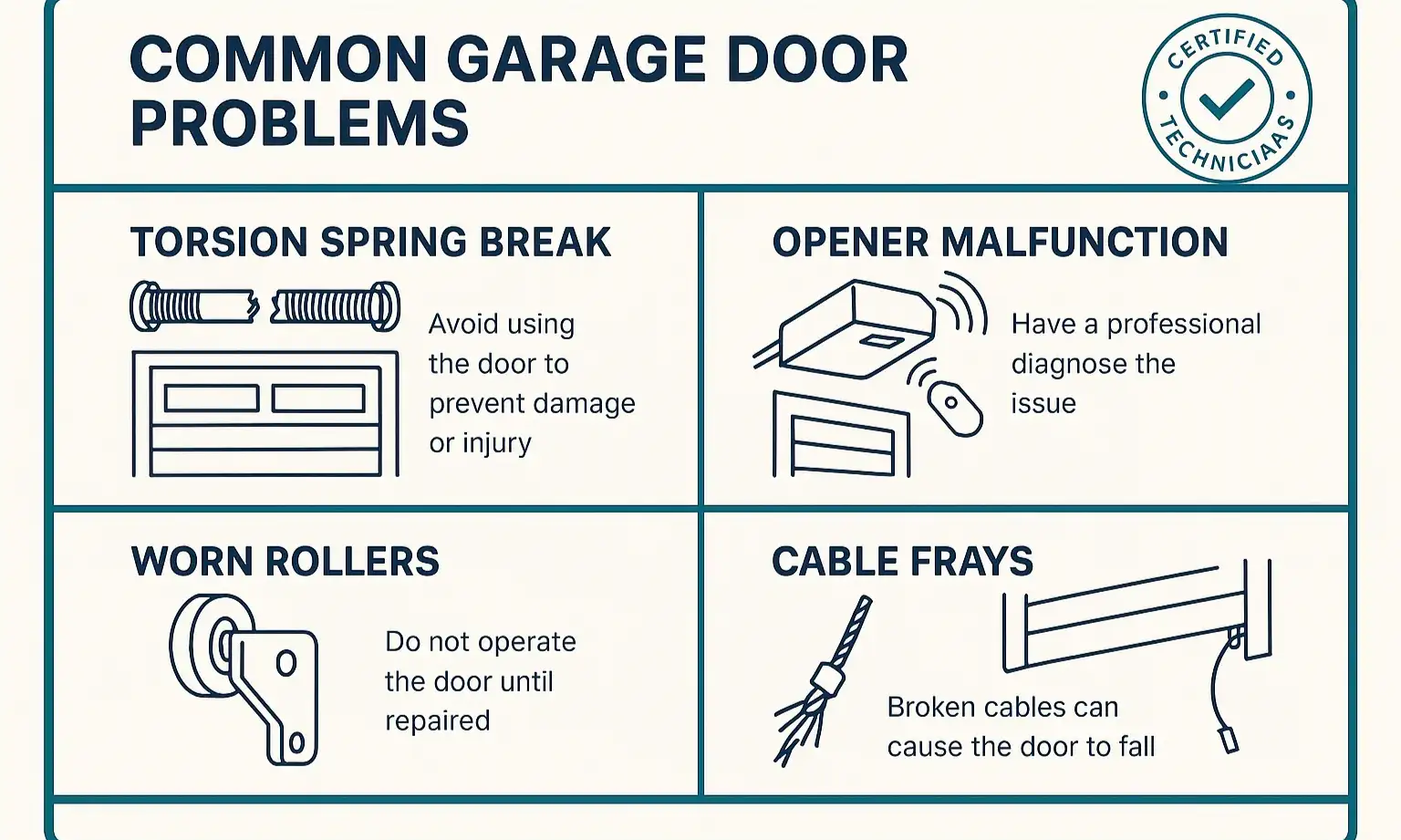 Identify your garage door issue visually and learn important safety tips to protect your home and family before repair.