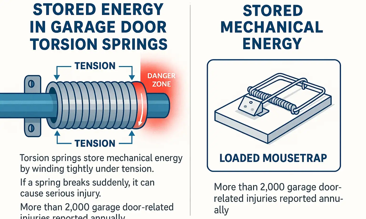 Understanding the hidden dangers: How garage door torsion springs store energy and why improper repair can lead to severe injury or damage.