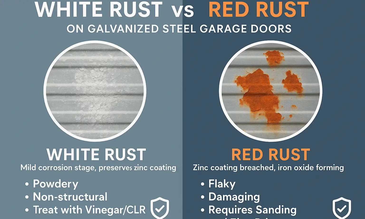 Understanding white rust versus red rust is critical for choosing the right treatment—protect your galvanized door by identifying these corrosion types correctly.