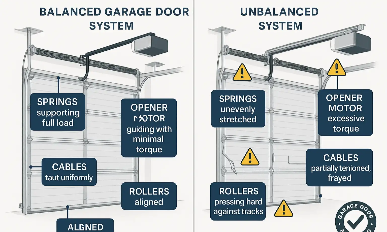 Visual comparison of balanced and unbalanced garage door forces clarifies how improper balance accelerates component wear and failure.