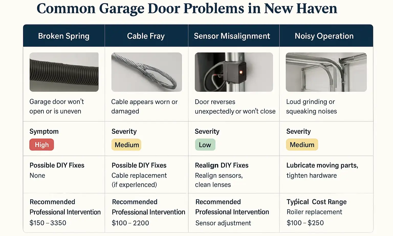 Compare common garage door issues at a glance to decide when to fix it yourself or call a trusted New Haven professional.