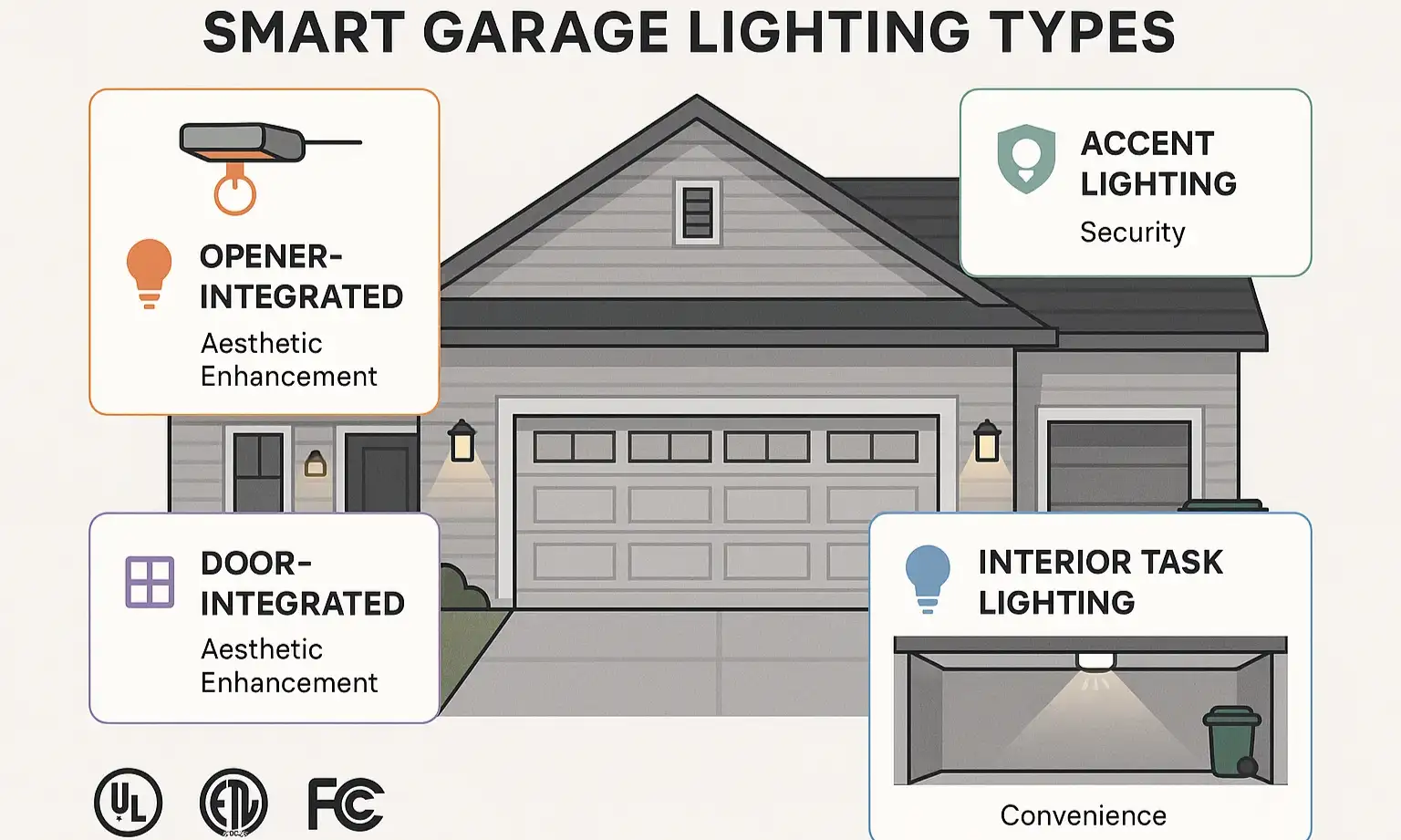 Visual glossary of smart garage lighting types and benefits for informed decisions.