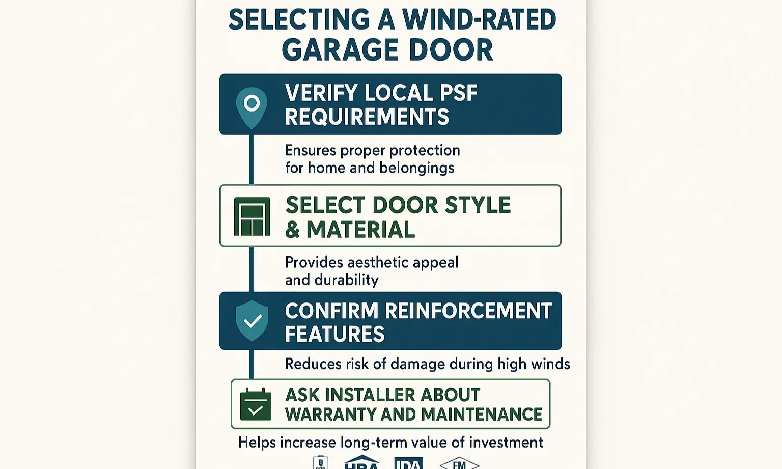 Checklist for choosing a wind-rated garage door: verify codes, pick material/style, confirm reinforcement, check warranty, and schedule installation