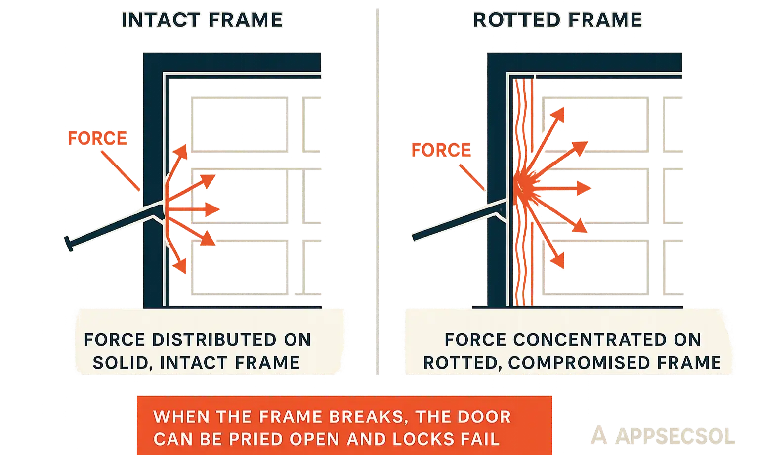 Diagram showing a crowbar on solid vs. rotted frames, highlighting distributed force versus splintering failure.